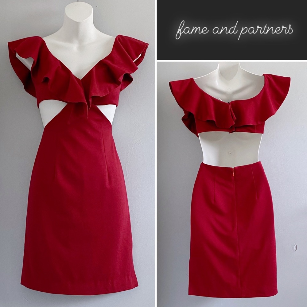 🏝️ Fame and Partners Cutout Ruffle Dress in a Deep Red • 4